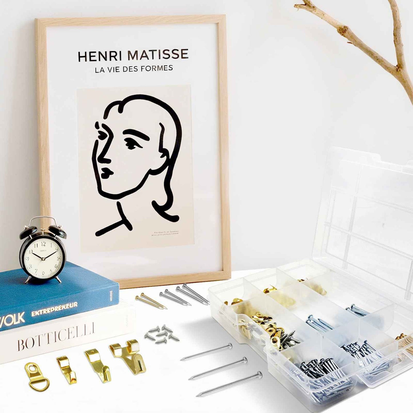 308Pcs Picture Hanging Kit, Hanging Hardware with Hooks, D Ring, Nails, Wire Wall Hanging Kits with Magnetic Level, Small Pink Claw Hammer for Hanging Pictures Frame Painting Home Office Wall Decor