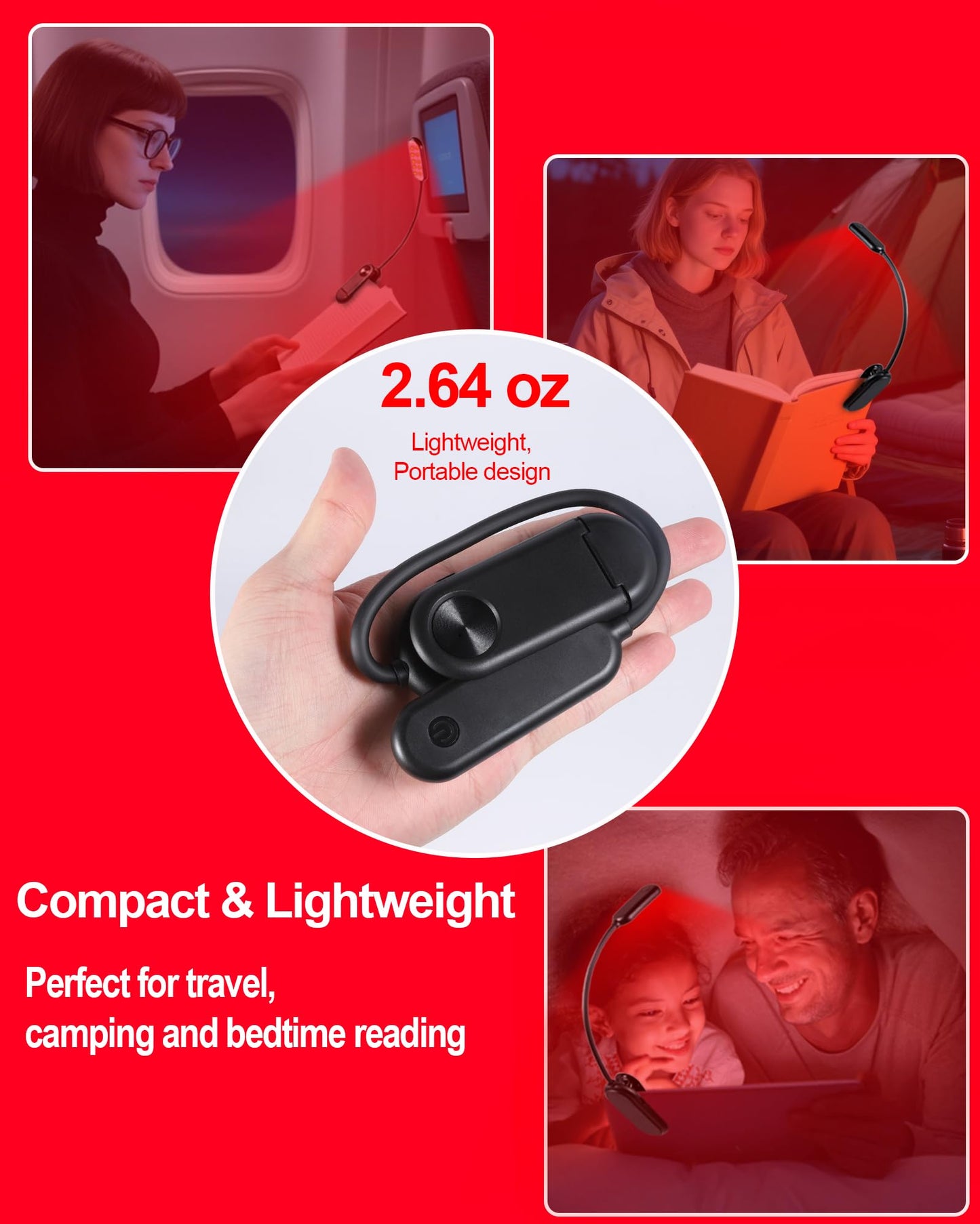 Finezeal 625nm Red Book Light - Rechargeable Clip On Red Reading Light Therapy for Sleep - No Blue-Light, Poratble LED Book Lamp, Gift for Kids Students Travel Nursing Studying - 3 Adjustable Modes