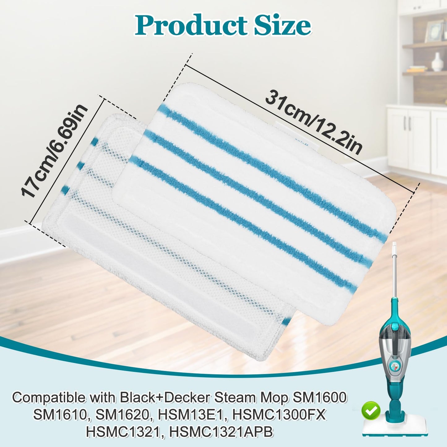 4Pack Steam Mop Pads Replacement for Black+Decker Steam Mop SM1600, SM1610, SM1620, HSM13E1, HSMC1300FX, HSMC1321, HSMC1361SG Cleaner Black and Decker Steam Mop Replacement Pads