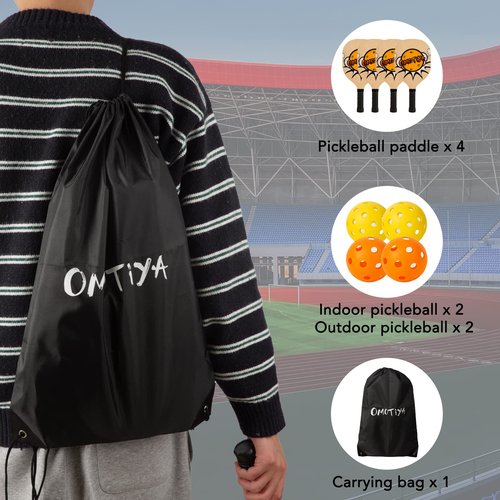 OMOTIYA Pickleball Paddles Set - Wooden Pickleball Paddles Set of 4 Rackets, 4 Pickle Balls and 1 Portable Pickleball Bag, with Ergonomic Cushion Grip, 7-ply Basswood Wood, for Beginner