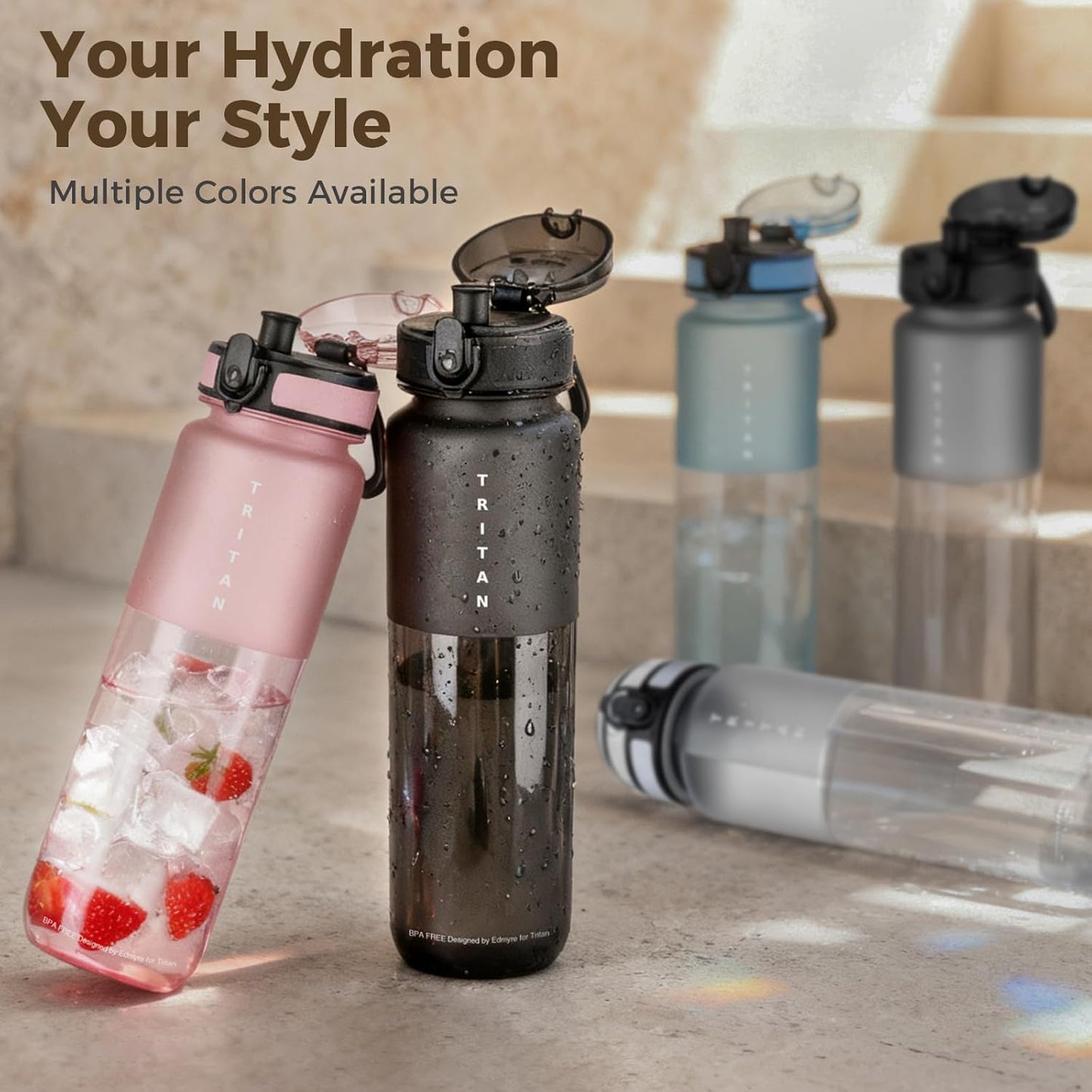 Skiennix 32oz Water Bottle - Frosted & Clear Tritan, Leakproof, Portable for Gym & Travel (Red)