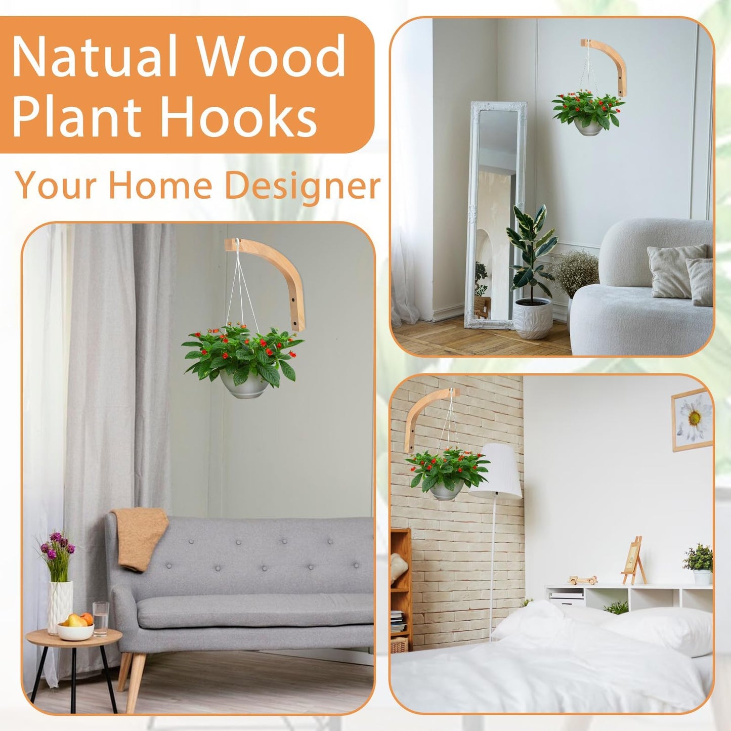 Smowfes Wooden Wall Hooks for Plants - 8 Inch Indoor Plant Hangers, 2 Pack Decorative Wood Wall Hooks for Hanging Planters, Lanterns, Wind Chimes & Garden Decor (Natural Wood, Heavy Duty)