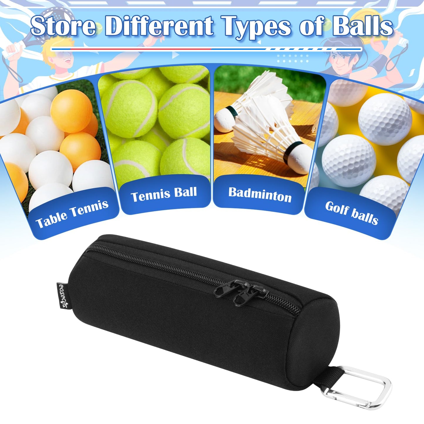 Easecos Padel Ball Holder Portable Paddleball Storage Bag with Metal Hook, Paddle Tennis Ball Carry Bag Holds 3 Pcs Regular Paddleball, Tennis Training Accessories Pouch