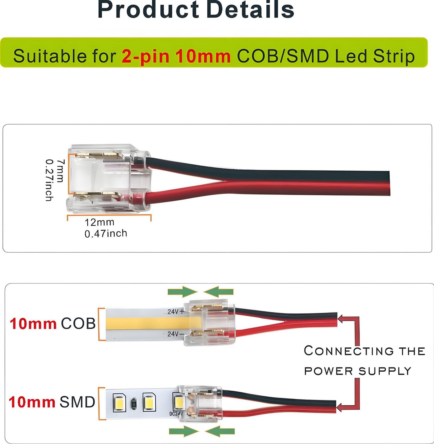SWOTU 2Pin 10mm Strip & Wire Led Strip Light Connector for 10mm Width COB/SMD Single Color Led Strip