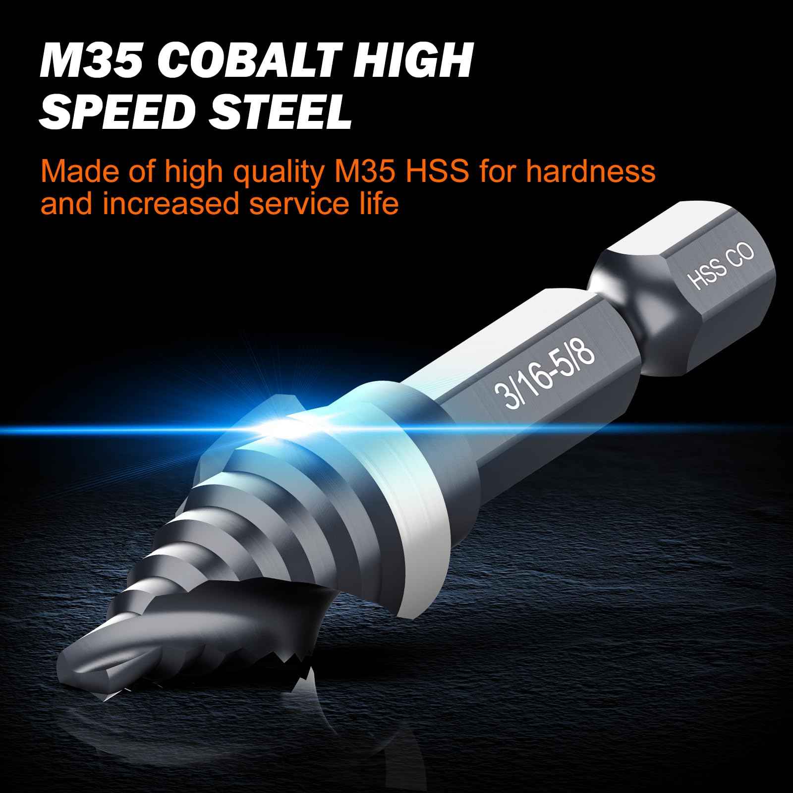 THINKWORK M35 Cobalt Spiral Flute Step Drill Bit, Single Size HSS Step Bit 5/8", Small Size EDC 1/4" Shank Step Bits for Metal, Carbon Steel, Stainless Steel, Wood, Plastic