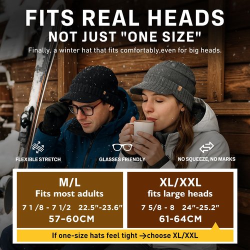 TOP-EX DryKnit™ Black Waterproof Wool Blend Beanie with Brim Fleece Lined Winter Cap for Men Women Hiking Cold Weather M/L