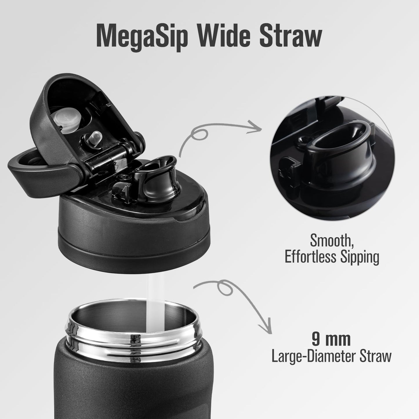 Coolflask MegaSip Stainless Steel Water Bottles 32 oz with Straw, Insulated Water Bottle Leak-Proof, 24+ Hours Cold, BPA-Free Dishwasher Safe, Water Flask for Sports Gym Work Office, Midnight Black
