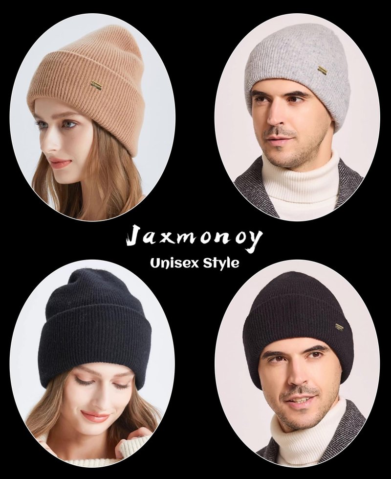 jaxmonoy 100% Merino Wool Knit Winter Beanie Hats for Women Men Soft Warm Double Layer Slouchy Knitted Beanie Skull Cap - Black