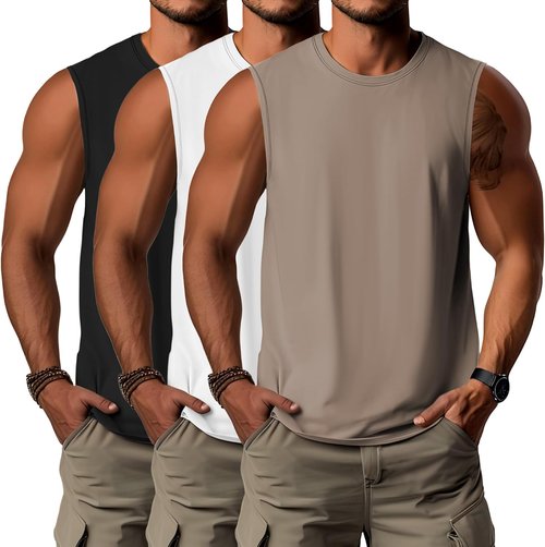 Ficerd Men's Big & Tall Tank Tops - Cotton Moisture-Wicking Sleeveless Gym Tees | X-Large, Black/White/Khaki