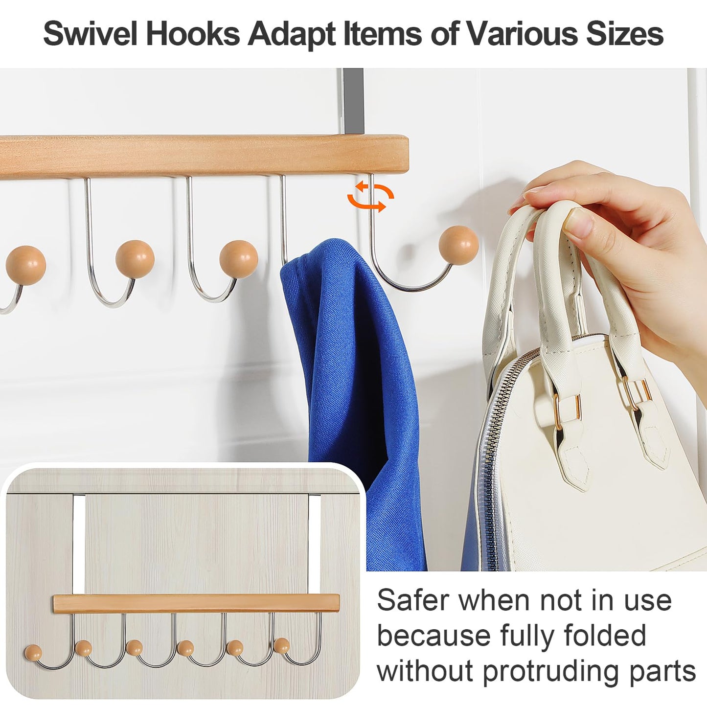 TOPIA HANGER Over The Door Hooks for Hanging, Towel Hooks Towel Racks for Bathroom, Coat Hooks Coat Rack Over The Door Organizer Hanging, Wooden Door Hangers for Coat Towel Hat Purse CT71N