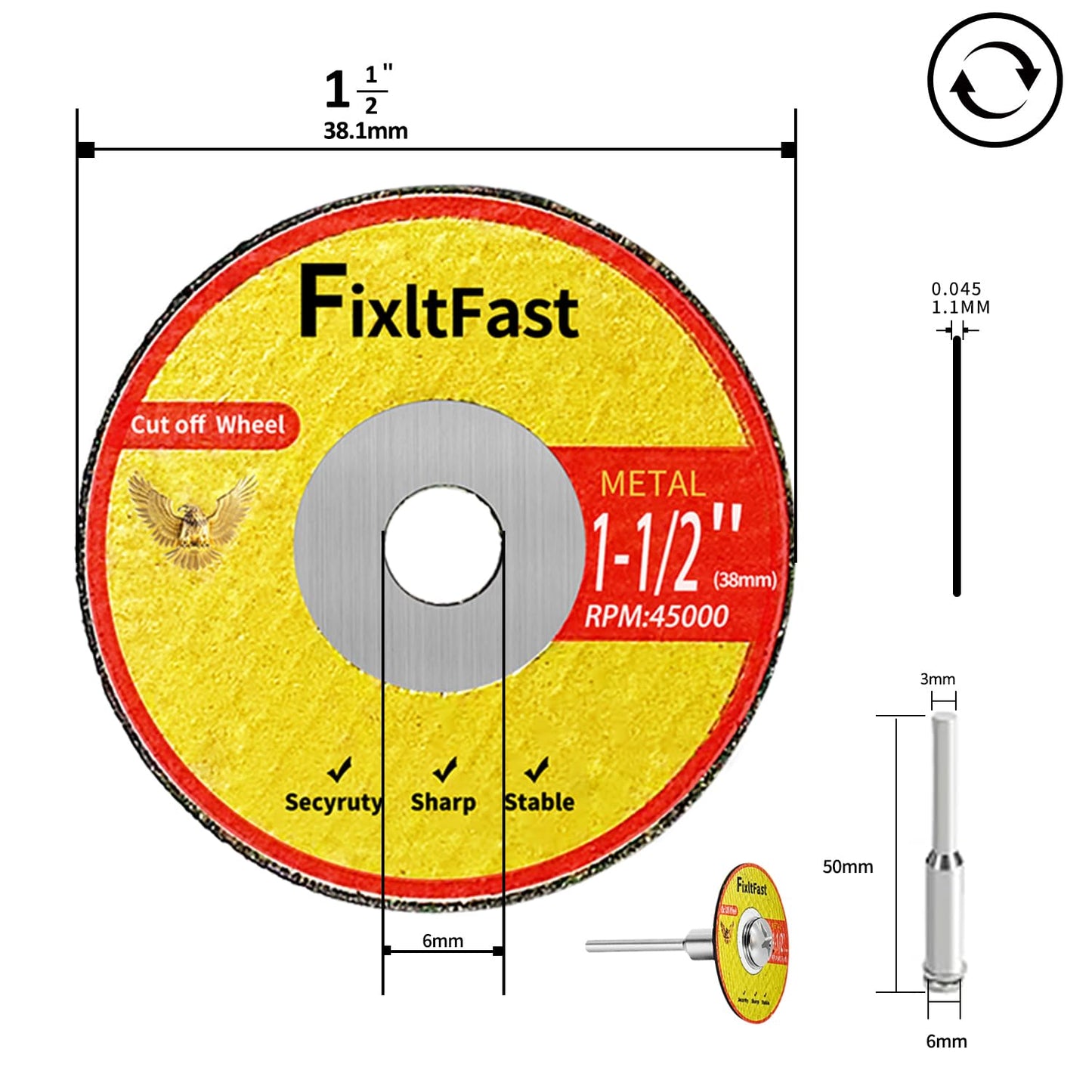 FIXLTFAST 1-1/2 Cut Off Wheels,1.5" x 1/8" Fiberglass Metal Cutting disc for Rotary Tool Accessories Include Mandrels- 11 Pack
