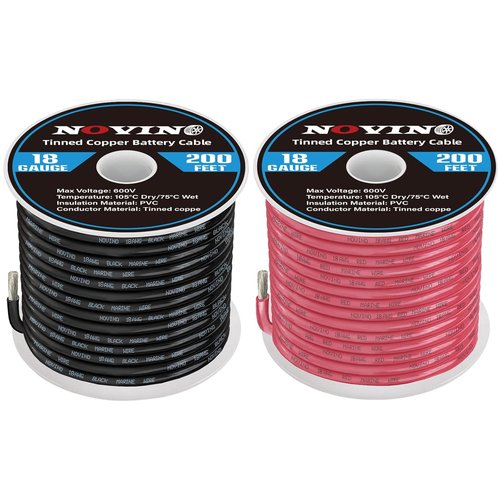 Marine Wire 18 Gauge - Tinned Copper Boat Cable, 200FT Red & 200FT Black for Automotive and Outdoor Use