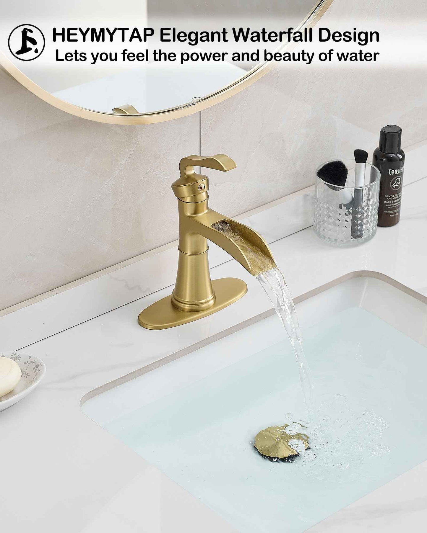 HEYMYTAP Brushed Gold Faucets for Bathroom Vanity Faucet 1 Hole, Brass 4 Inch Waterfall Bathroom Sink Faucet 3 Hole, Single Handle Bathroom Faucet with Deck Plate, Pop-up Drain and Supply Hoses