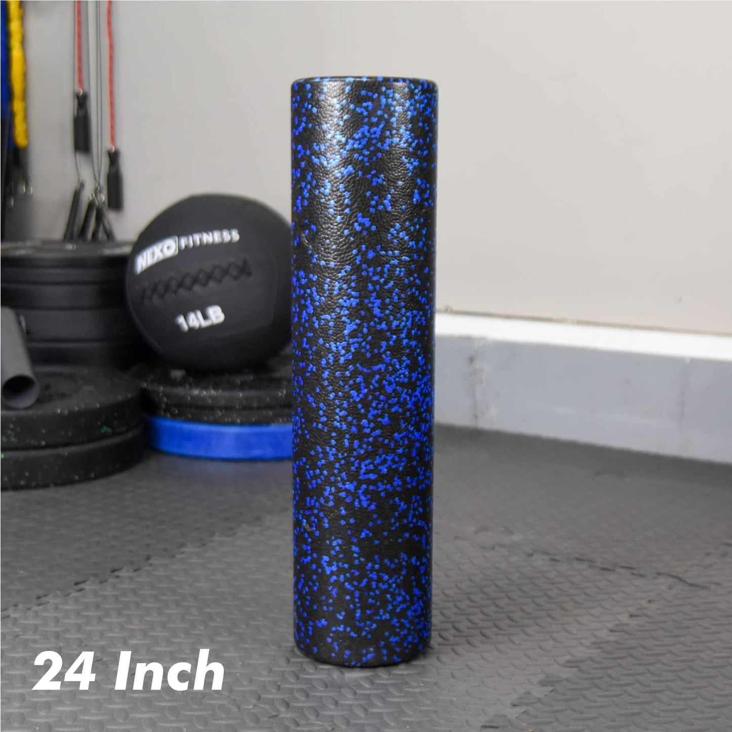 NEXO Fitness High-Density Round Foam Roller for Muscle Soreness Recovery, Exercise, Massage - 18", 24", 36" Blue Fleck (24 Inch)