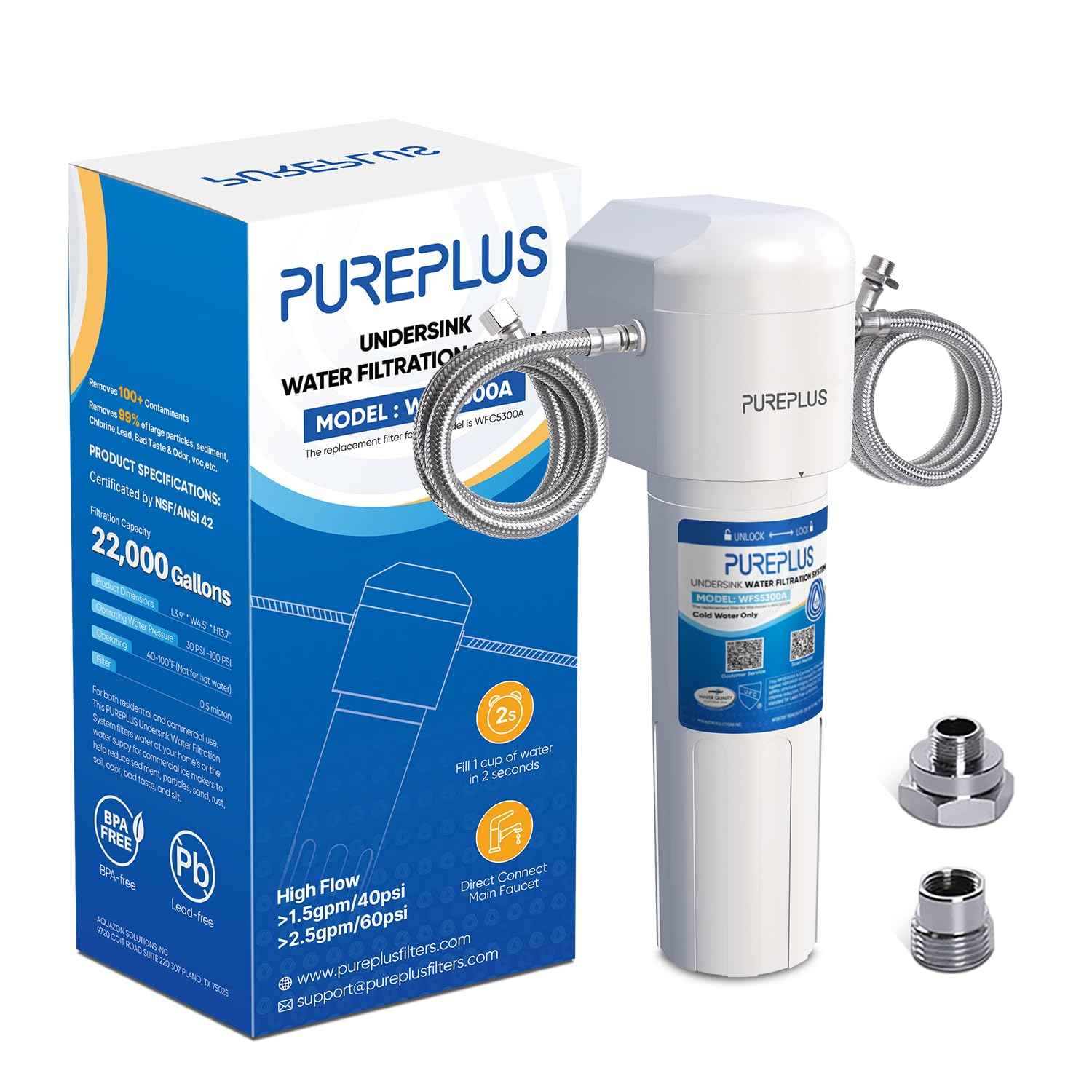 PUREPLUS Under Sink Water Filter System, 22000 Gallons, 99.99% Chlorine Reduction, NSF/ANSI 42 Certified,Removes Heavy Metals,Chlorine, Direct Connect Under Counter Water Filtration System