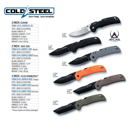 Cold Steel CS-FL-30DPLC-10B: 3" Engage Aus10A / 3" Clip Point Blade / 2.4Mm Thick, Black/Grey