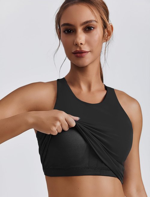 PINSPARK Women Sports Bras High Neck Workout Crop Tops Longline Racerback Tank Top with Built in Bras Activewear, Black Medium