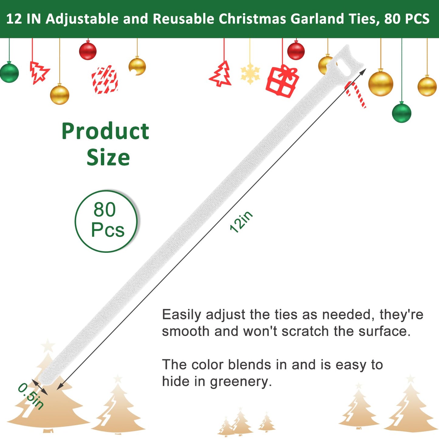 80Pcs Christmas Garland Ties White Hook and Loop Plant Cable Ties Adjustable Holiday Garland Ties Nylon Garden Plant Cable Strap for Wreath Garland Making Xmas Tree Door Banister Stairway Decoration