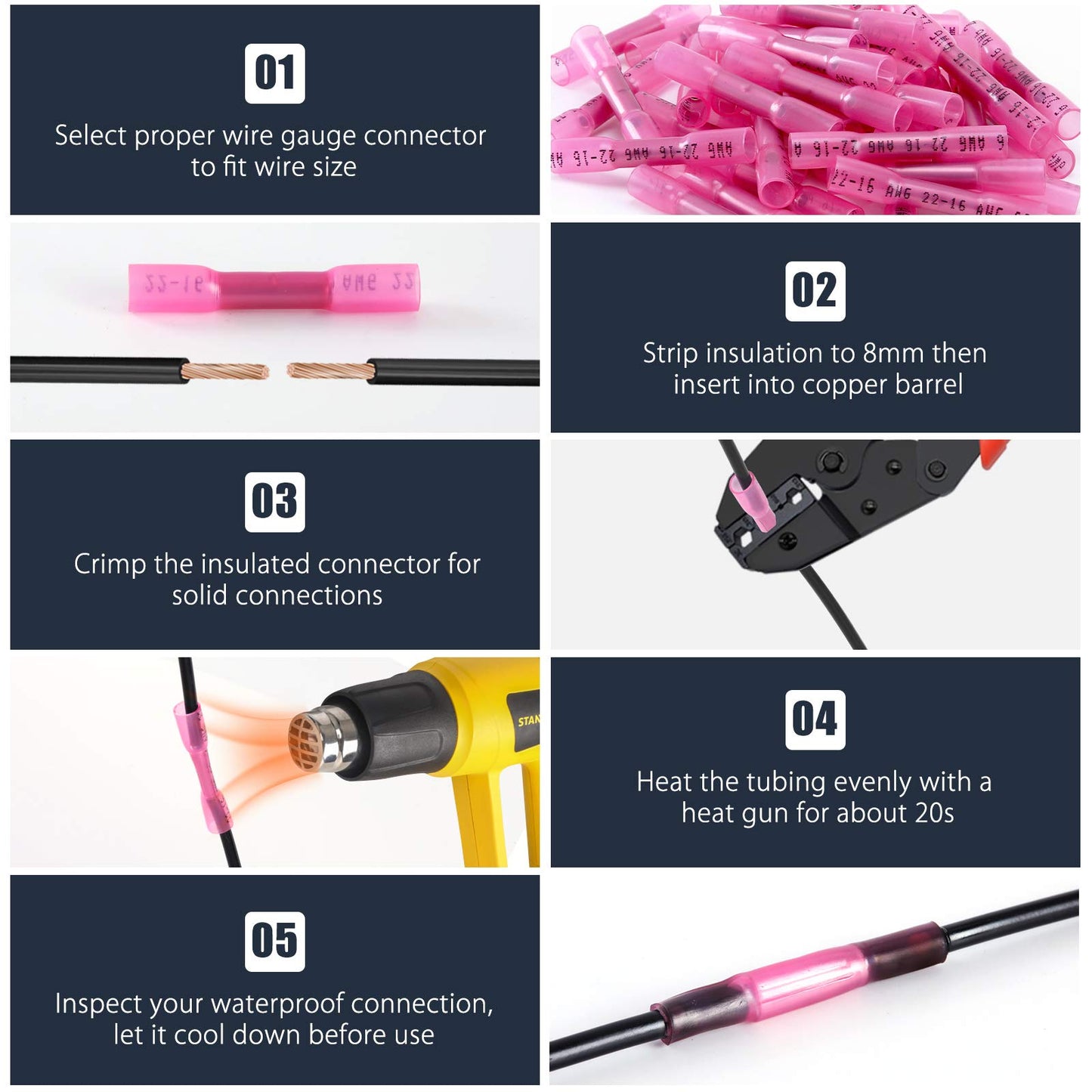 Heat Shrink Butt Wire Connectors Kit, 140Pcs 26-10 AWG Red Insulated Waterproof Electrical Wire Connectors Automotive Marine Grade Wire Crimp Terminals Butt Splices, Ideal for Boat, Truck