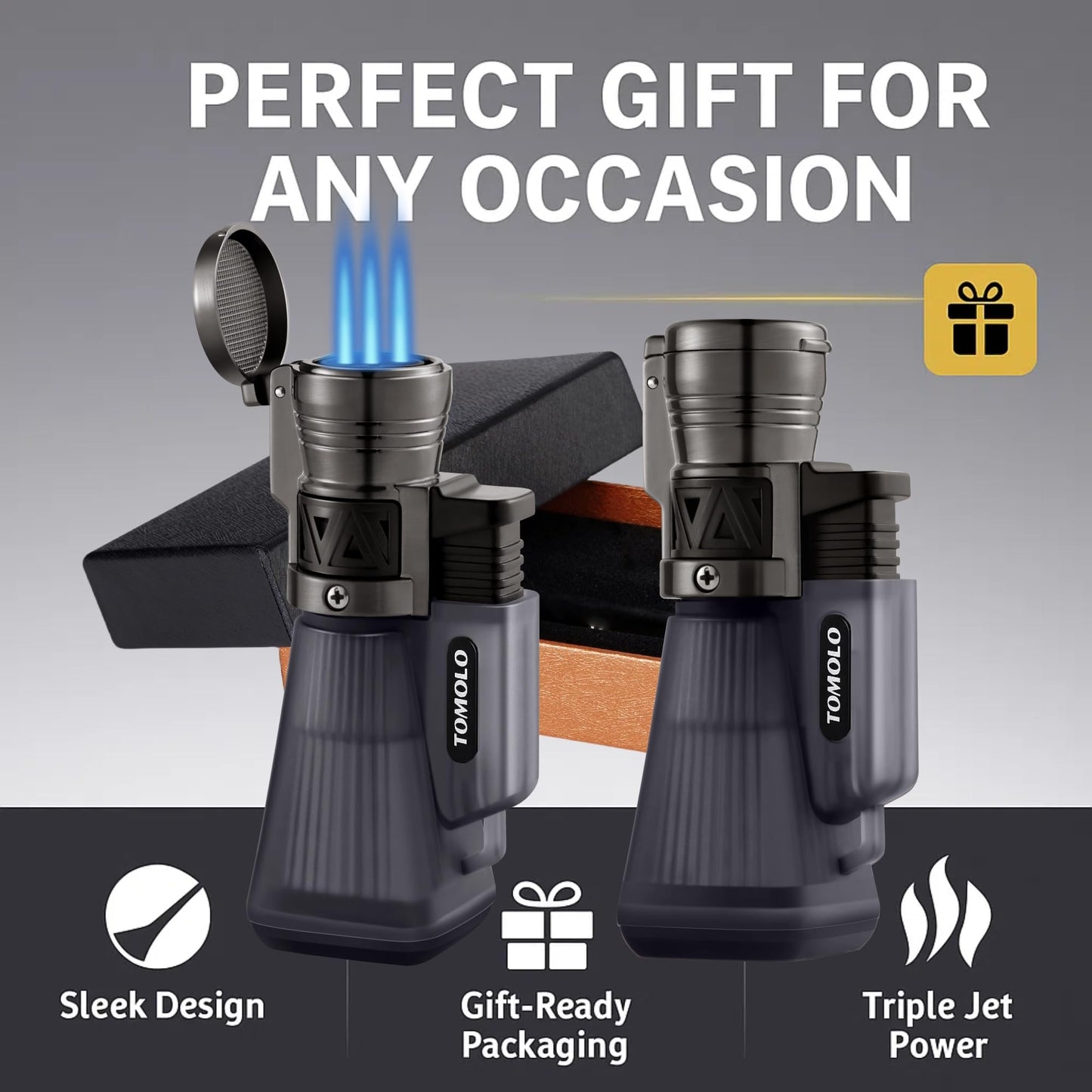 TOMOLO Torch Lighter 2 Pack, Refillable Butane Lighter with 3 Jet Torch Adjustable Windproof Flame (Without Fuel)(Black)