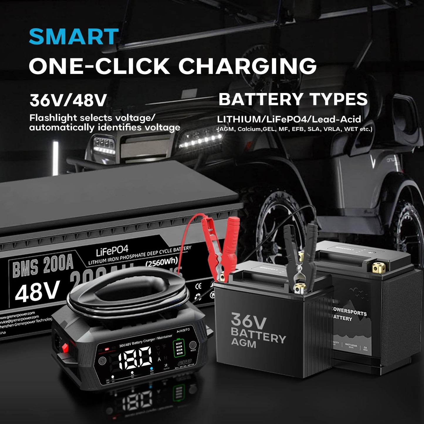 48V Golf Carts Battery Charger,18 AMP 36 Volt Lithium LIFEPO4 Battery Charger for Club Car 3-Pin Round Plug Black
