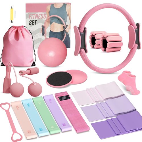 FiitDavz Home Pilates Kit 20 PCS, Pilates Equipment with Pilates Ring and Ball, 9 Level Resistance Bands, Jump Rope, Ankle Weights,Sliders & Grip Socks Accessories for Starter Home Workouts