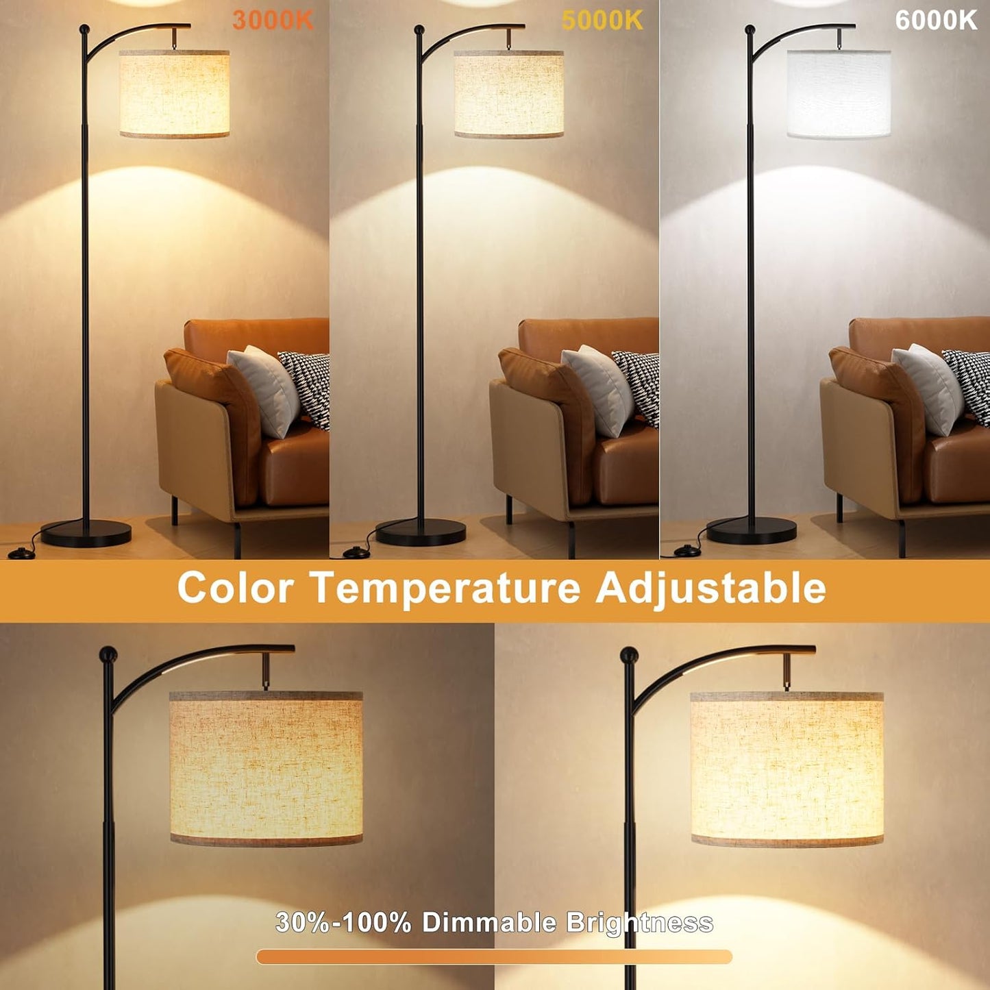 Modern 60" Floor Lamp with Remote Control & Dimmable LED Bulb - Beige Shade, Adjustable Brightness for Living Room