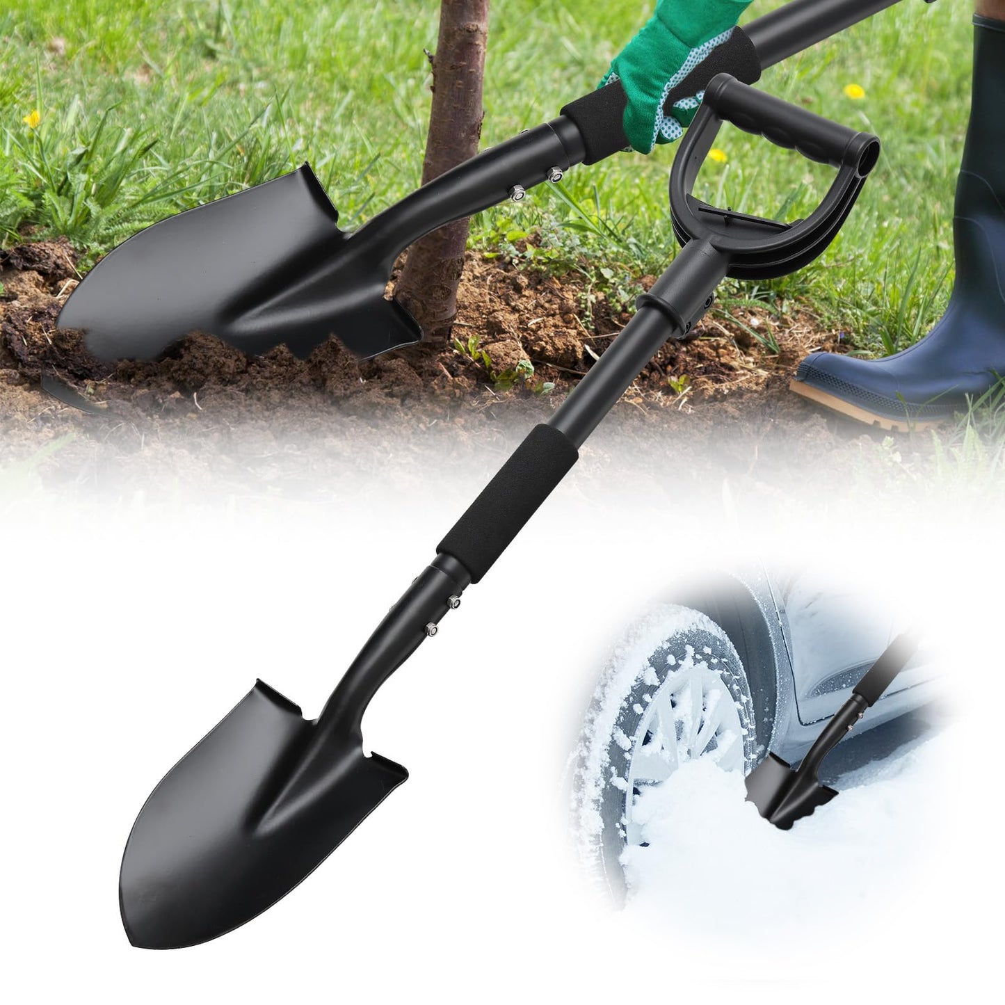 31" Compact Garden Shovel with D-Grip Handle - Rust-Proof Lightweight Metal Tool for Raised Beds, Tight Spaces & Emergency Use (Kids/Adults Friendly), Black