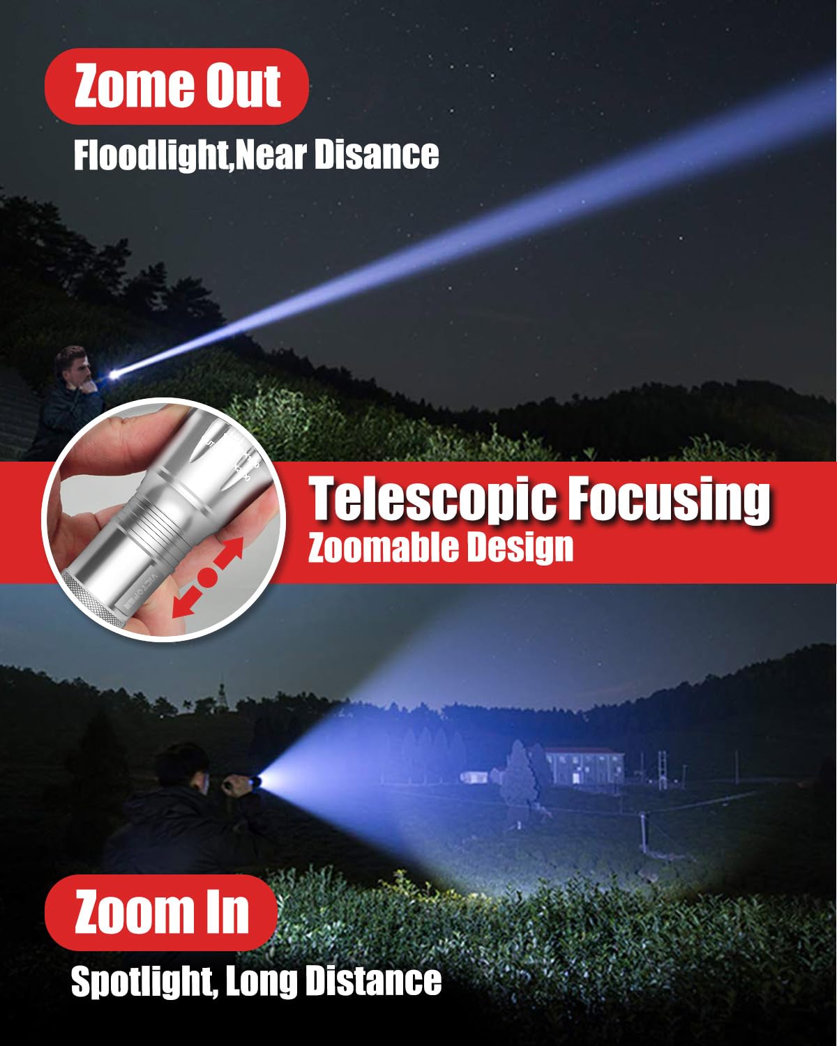 Victoper LED Flashlight 2 Pack Silver, Bright High Lumens Tactical Flashlights High Lumens with 5 Modes, Waterproof Zoomable Flash Light for Outdoor, Gifts for Hiking Camping Essentials Gear