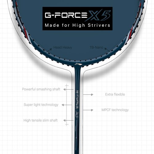Li-Ning G-Force X5 Carbon Fibre Badminton Racket with Free Full Cover(82 Grams, 28 Lbs) (Cool Grey::White)