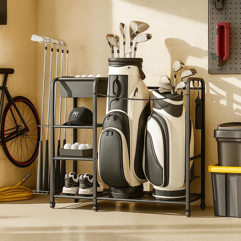 niffgaff Golf Bag Organizer Golfing Storage Stand for Garage Fits for 2 Golf Bags Golfing Rack with Wheels Black