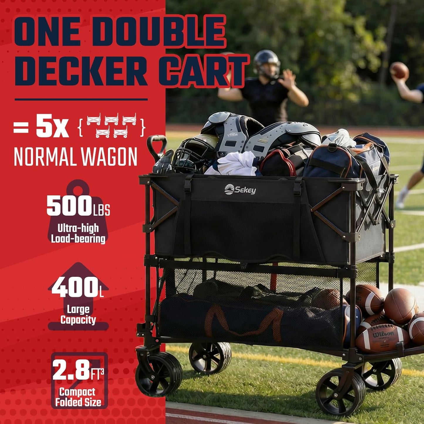 Sekey Heavy Duty Double Decker Wagon - 500Lbs Capacity, All-Terrain Big Wheels, Foldable Design for Camping & Sports