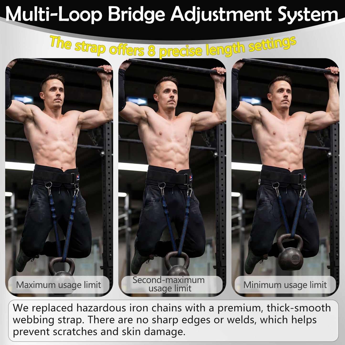 5 D-Rings Weightlifting Belt & Dip Belt with Adjustable 8- Loop 30.7" Nylon Strap, Weighted Gym Belts for Pull Up, Dips,Squat, Powerlifting & Deadlift, Weight Lifting Belt with Structured Back Support