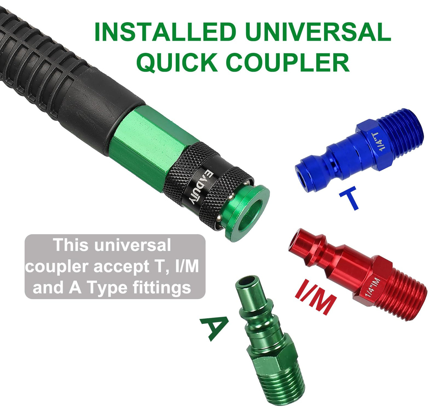 EADUTY Hybrid Lead-in Air Hose 3/8 In. x 3 ft, Lightweight, Flexible, Durable Air Compressor Hose with Aluminum Universal Quick Coupler and Industrial Plug, Green Blue