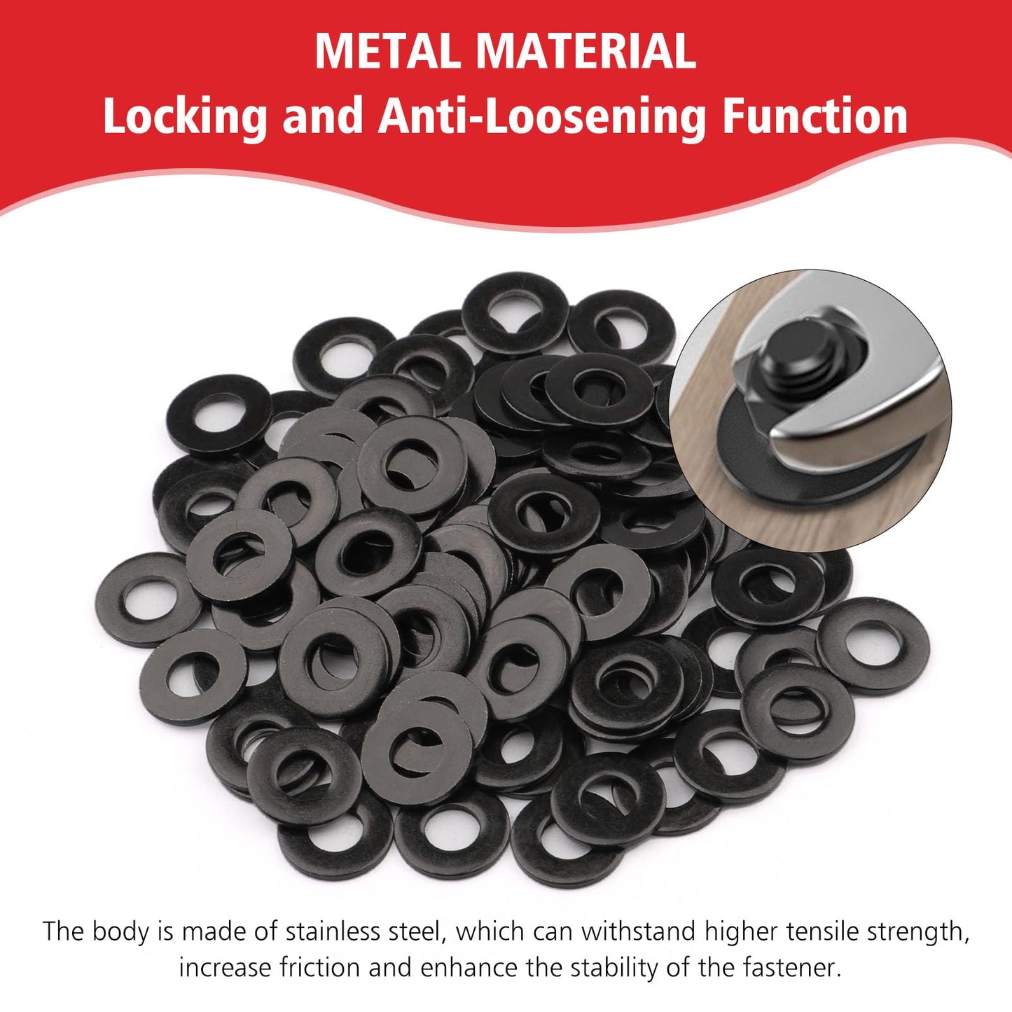 100PCS 1/4'' x 5/8'' SAE Black Flat Washers 304 Stainless Steel Universal Flat Washer, 1.5mm Thick