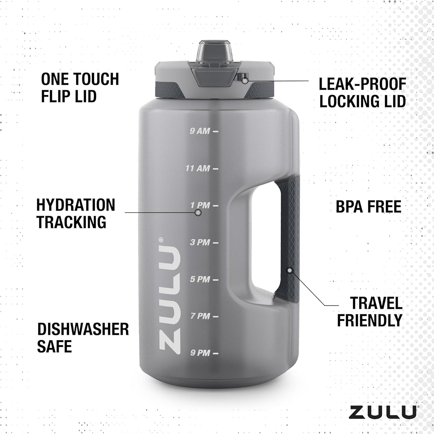 ZULU Goals 128oz Half Gallon Water Bottle - Leak Proof with Straw & Time Marker | Grey Reusable Jug for Hydration