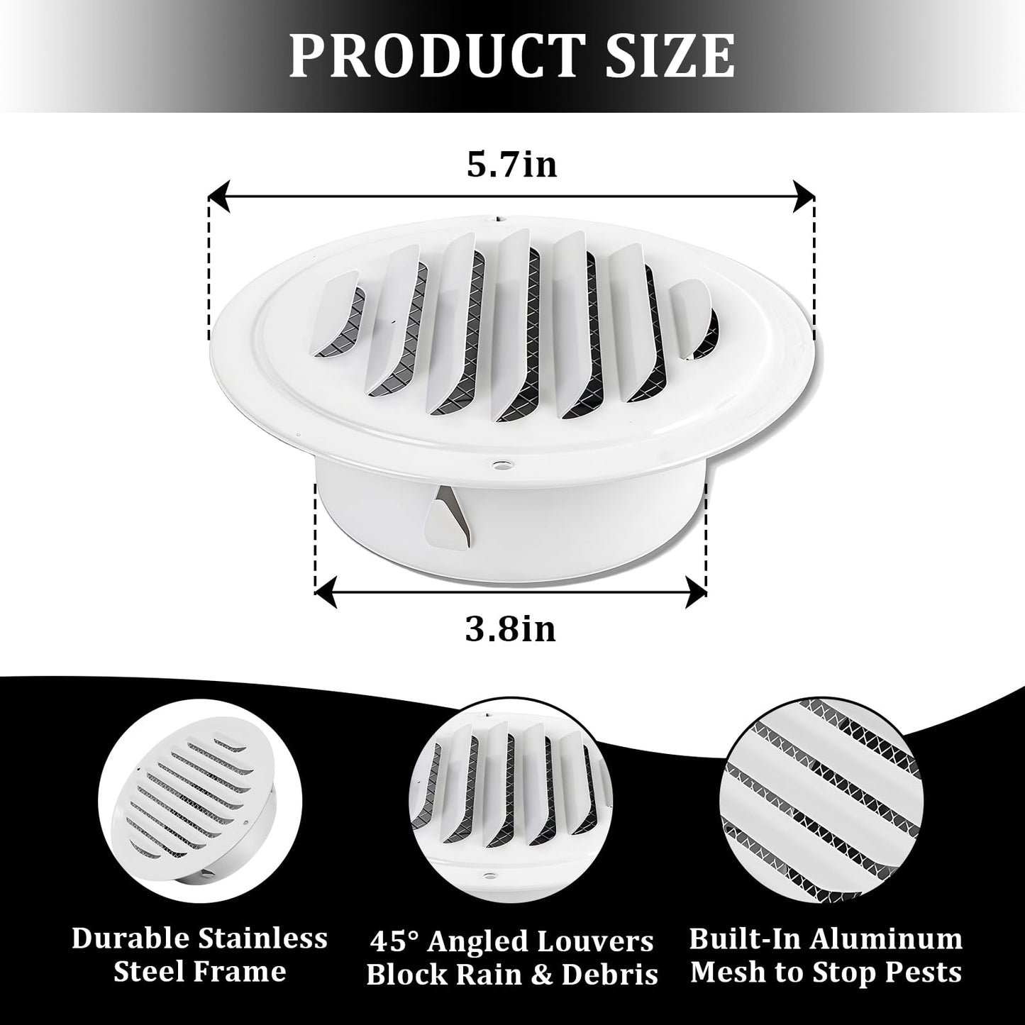 4" Round Soffit Vents White Stainless Steel Soffit Vents Wall/Ceiling Vent Cover with Mesh Screen for Bathroom, Dryer, & Attic（1 Pack)