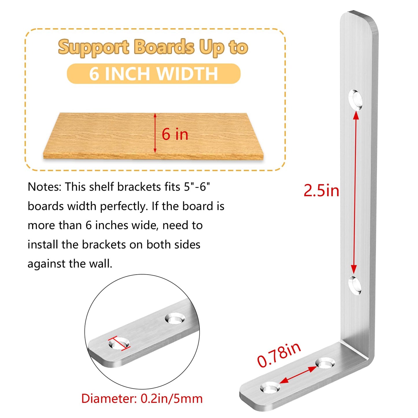 LSK L Bracket, 5"×2"(125×50mm) Heavy Duty Stainless Steel Corner Bracket for Wooden Board Max Load : 42lb, Pack of 6
