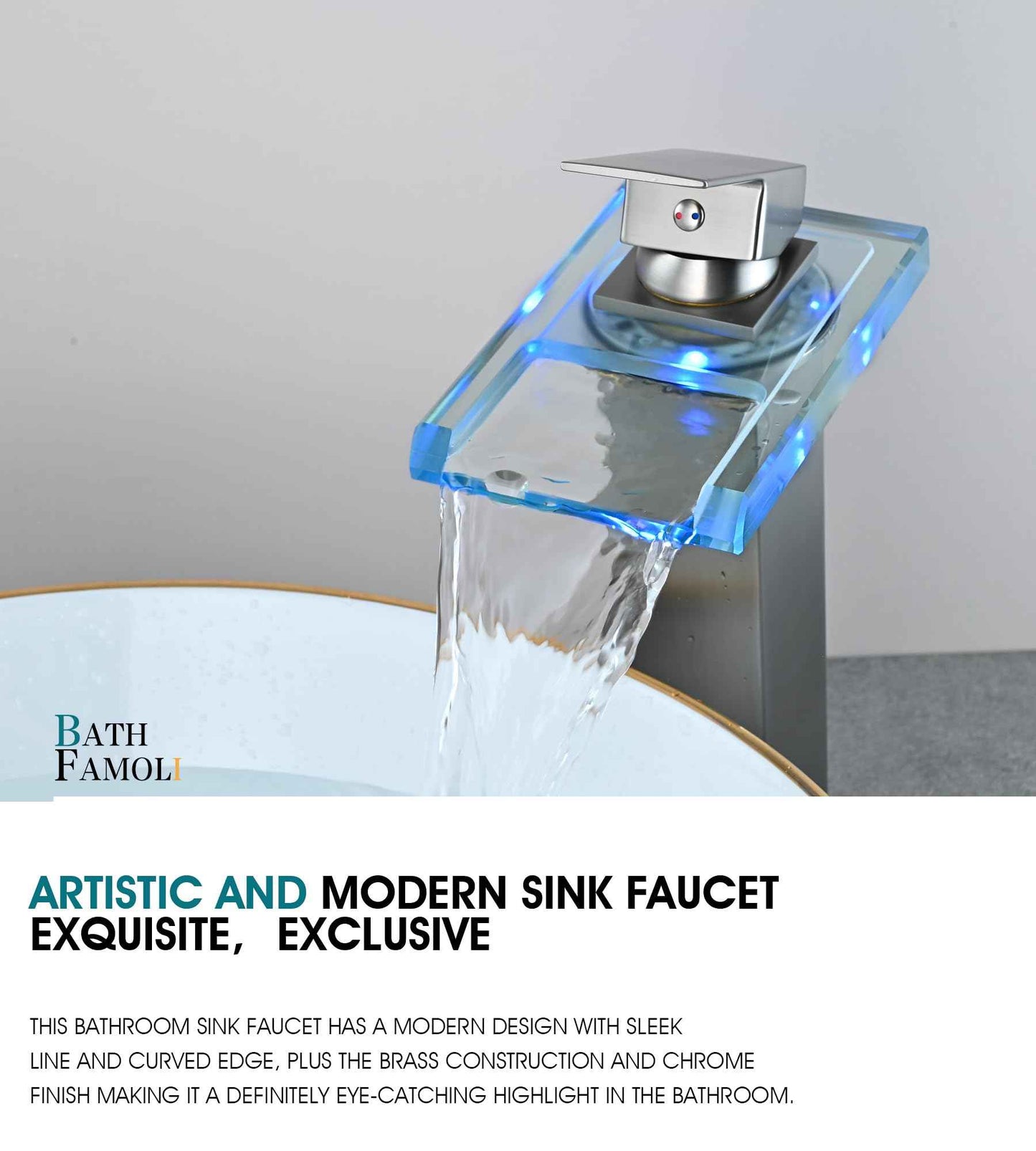 BATH FAMOLI LED Bathroom Sink Faucet, Tall Vessel Sink Faucet, Waterfall Single Handle 1 Hole and 2 Water Supply Lines, Brass Faucet with Open Glass Spout (Tall, Brushed Nickel)