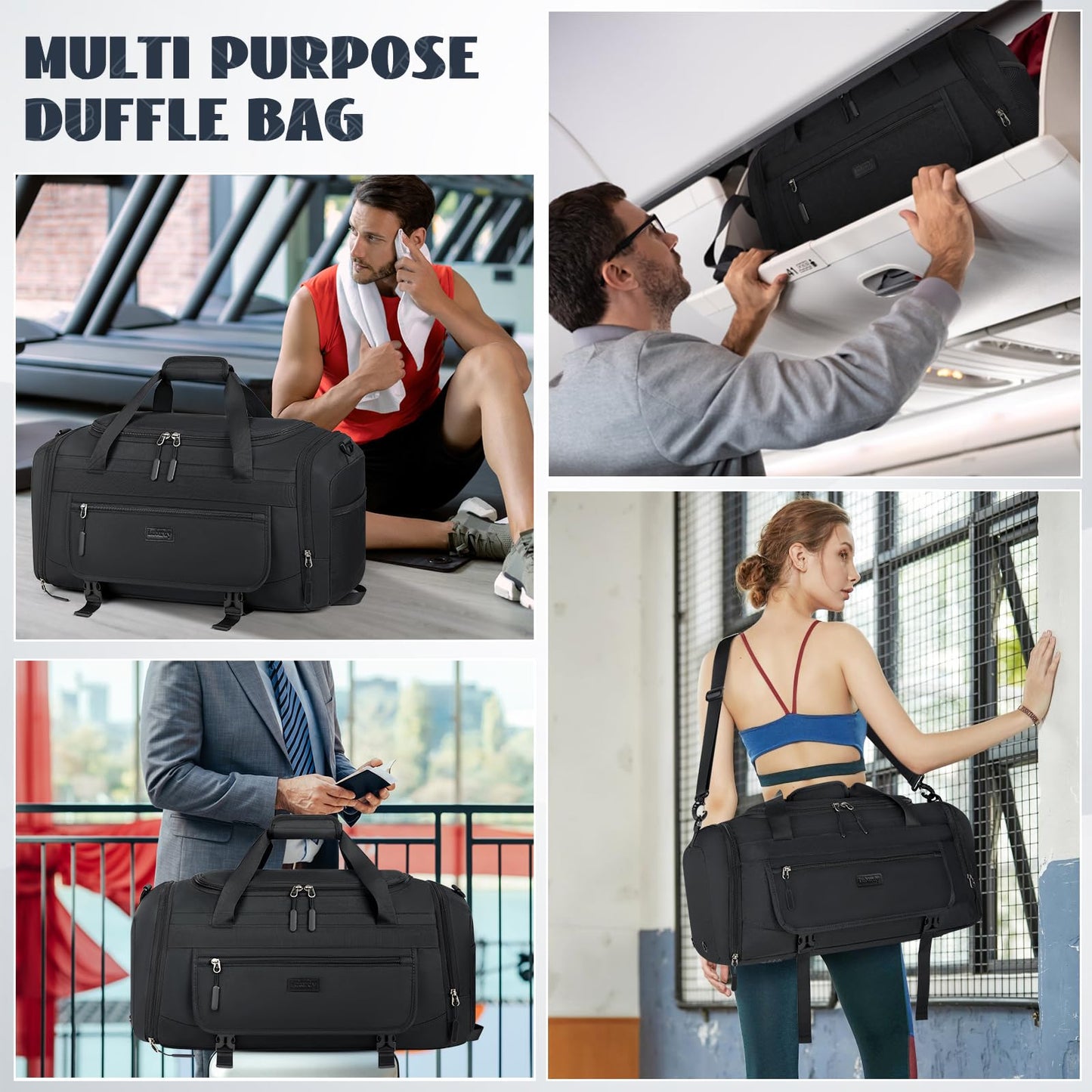 IGOLUMON Gym Bag for Men 55L Sports Duffel Bags Gym Duffle Bag Women with Shoe Compartment & Wet Pocket Water Resistant Travel Duffel Bag Lightweight Weekender Overnight Bag Black
