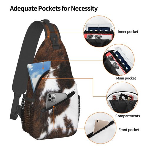 LOSTORCHI Cow Print Crossbody Sling Bags Spotted Cow Fur White and Brown Animal Skin Texture Sling Backpack for Women Men Casual Shoulder Bag Farmhouse Animal Skin Travel Gym Sports Hiking Daypack