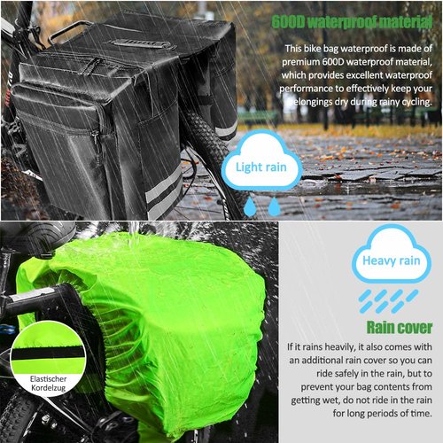 KLERICER Double Bike Pannier Bag, 30L Waterproof Bicycle Trunk Bag with Rain Cover, Bike Panniers Rear Rack Bag with Reflective Stripe, Multi Pockets Saddle Bags for Bicycle (Black)