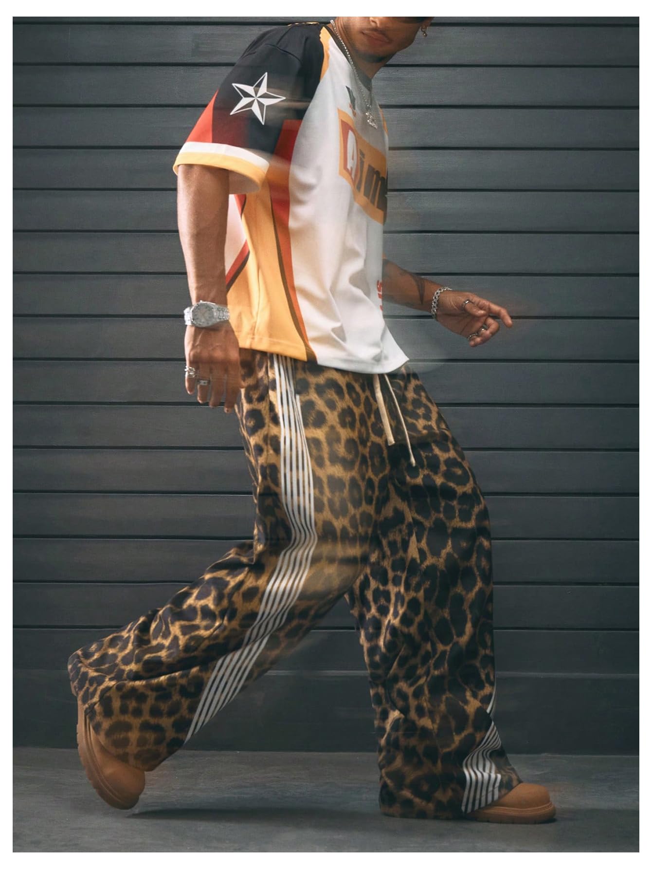 GORGLITTER Men's Cheetah Leopard Print Jeans Striped Baggy Sweatpants Wide Leg Drawstring Track Pants with Pockets Brown White Black Large