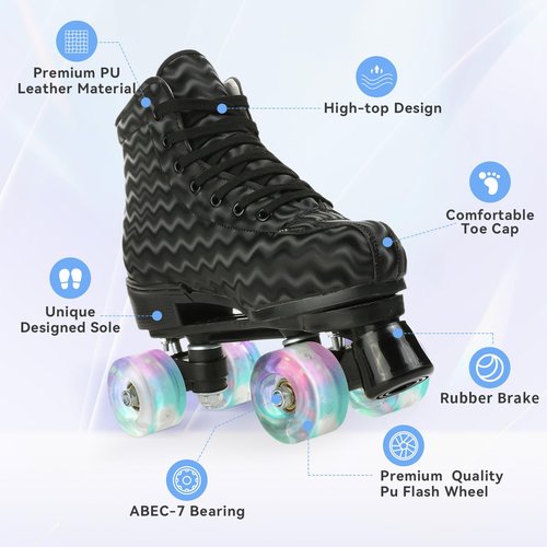 jessie Womens Roller Skates Water Ripple High-top Roller Skates Four-Wheel Roller Skates Shiny Roller Skates for Adult Youth Boys Girls Outdoor with Shoes Bag (Black ripple flash,US:8)