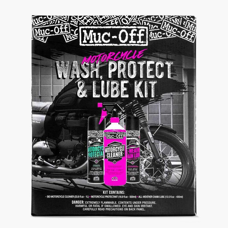 Muc Off Motorcycle Wash, Protect and Lube Kit - Motorcycle Cleaning Kit, Motorcycle Detailing Kit - Includes Motorcycle Cleaner and Chain Lube
