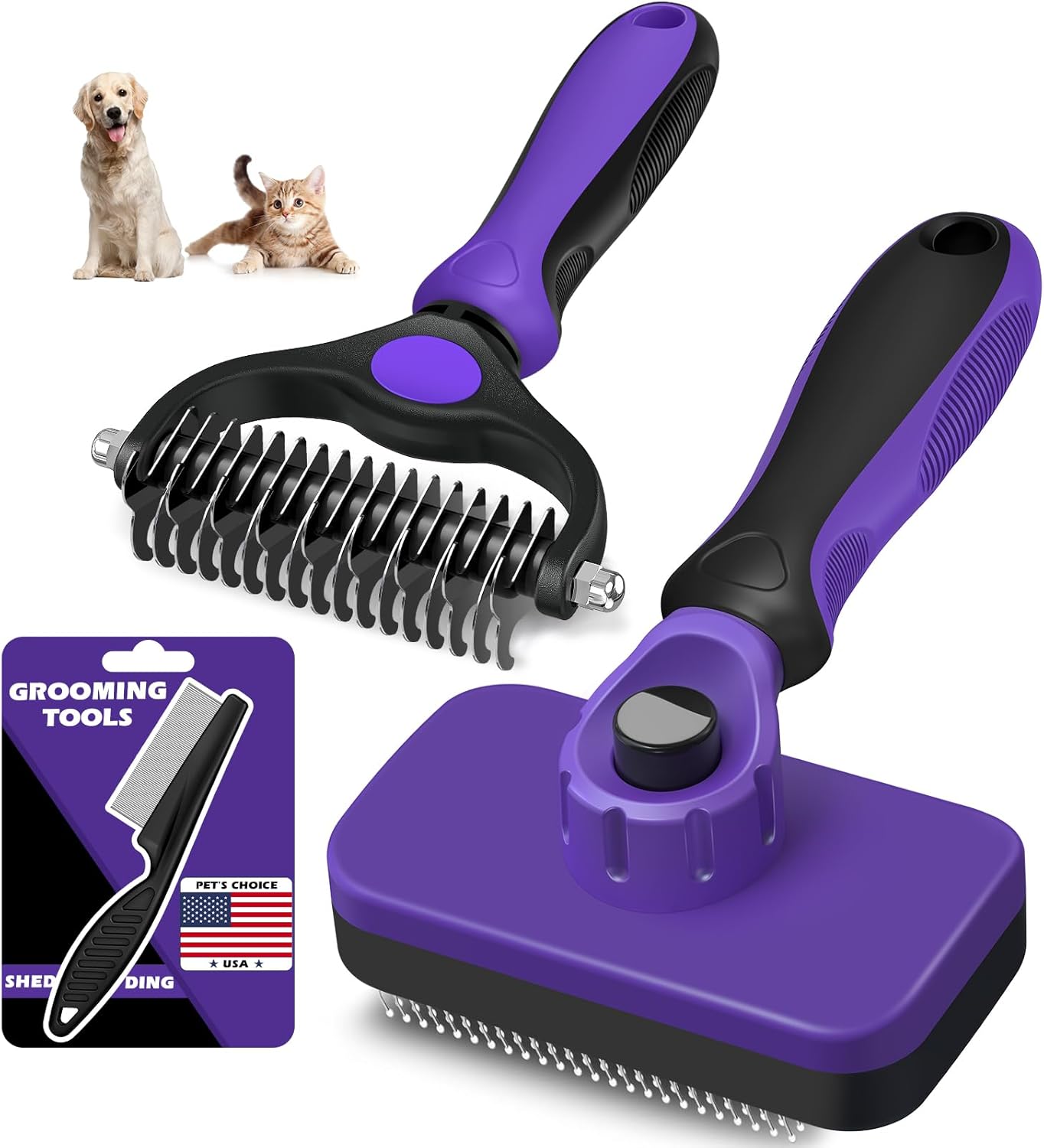 Skiennix Self-Cleaning Slicker Brush Set - Double-Sided Grooming Rake & Flea Comb for Dogs, Cats, Horses | Skin-Friendly Deshedding Tool (Purple)