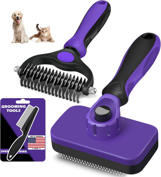 Skiennix Self-Cleaning Slicker Brush Set - Double-Sided Grooming Rake & Flea Comb for Dogs, Cats, Horses | Skin-Friendly Deshedding Tool (Purple)