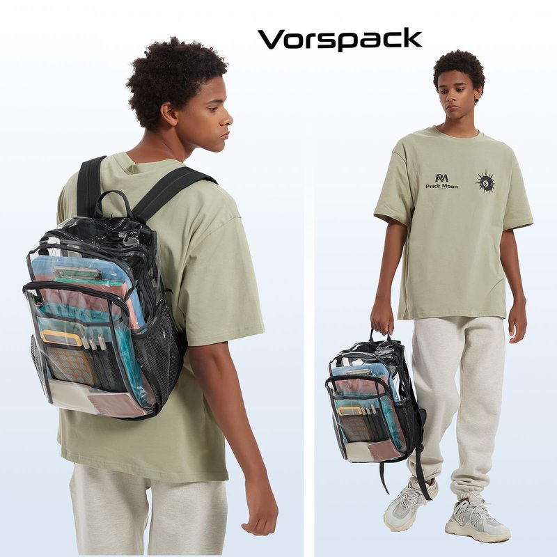 Vorspack Clear Backpack Heavy Duty - Extra Large Clear Book Bag with Multi-pockets See Through Backpack for College Workplace Travel - Black