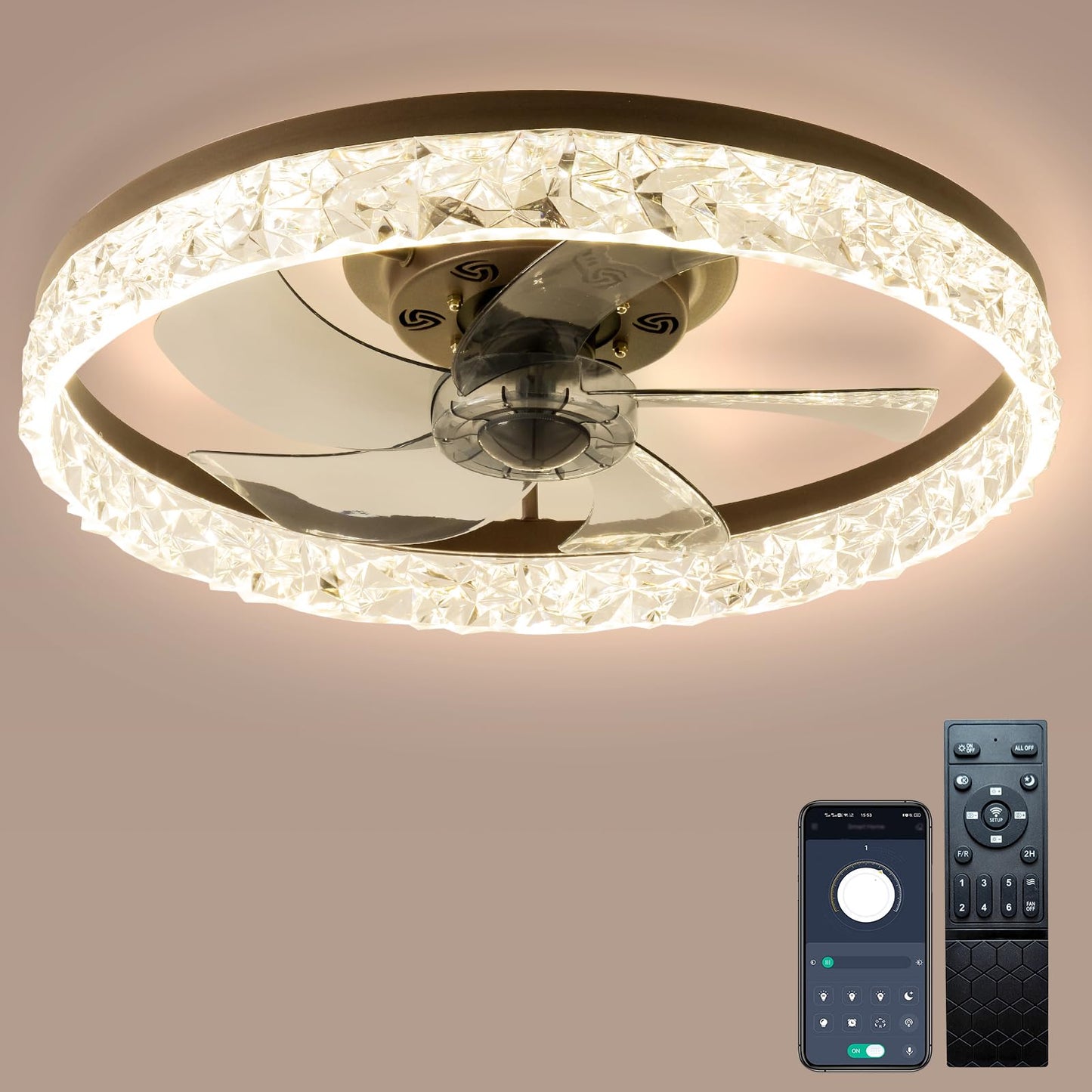 Cainjiazh 20" Low Profile Ceiling Fans with Lights and Remote Fandelier Ceiling Fan Flush Mount 3000K-6500K Smart Bladeless LED Fan Light Brown Modern Ceiling Fans with Lights for Bedroom