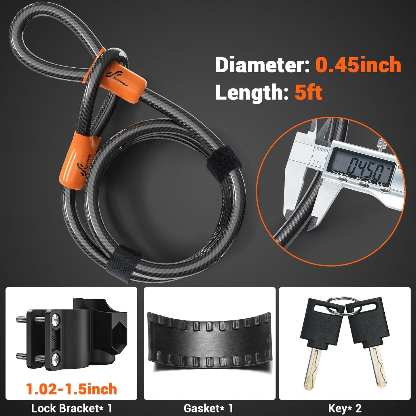 Sportneer Bike U Lock - Heavy-Duty Anti-Theft Lock with 5ft Steel Cable & 17mm Shackle - Orange